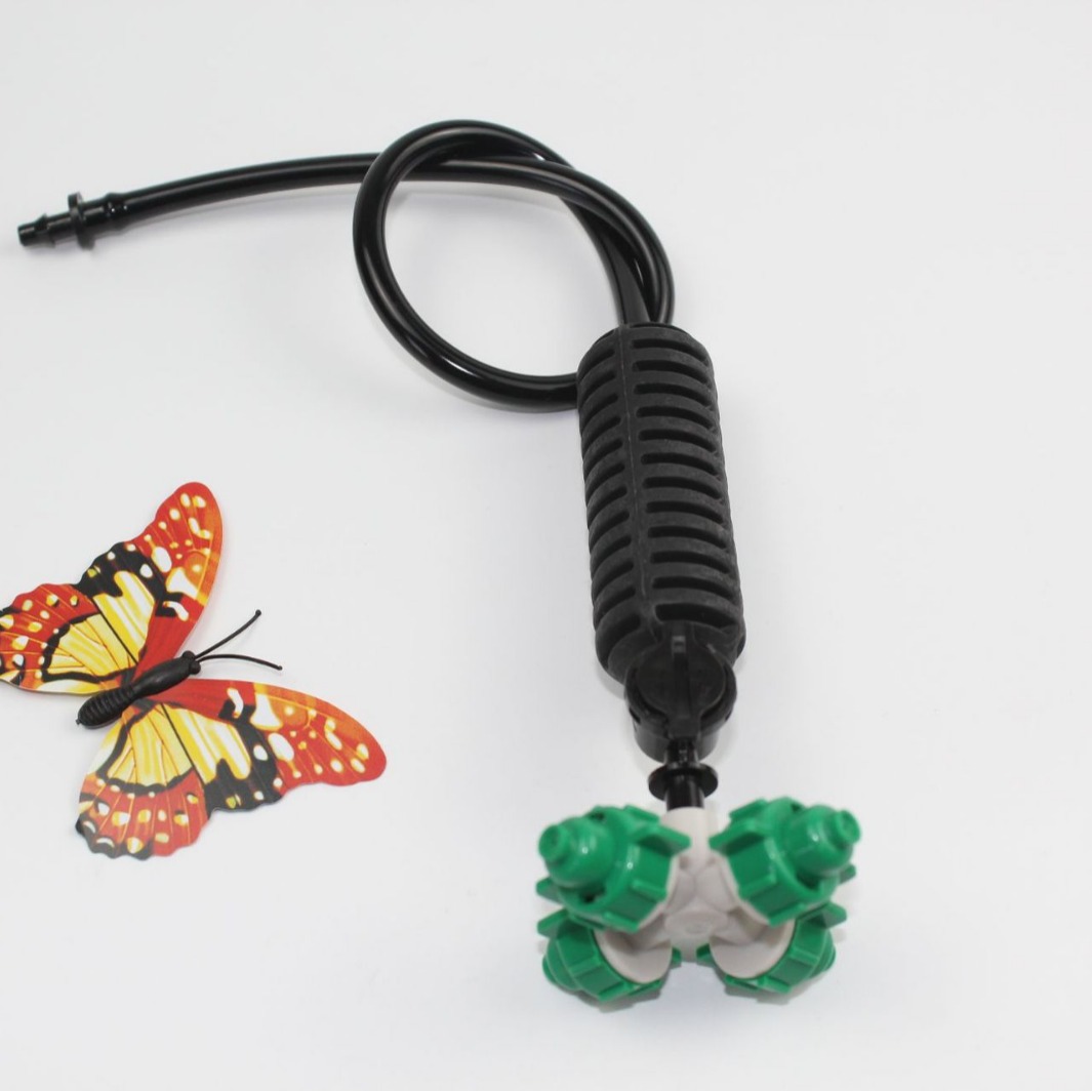 Microaspersor atomizador verde en forma de cruz, dispositivo antiderrame, invertido de 40 cm, aspersor colgante para refrigeración y humidificación de invernaderos, desmontable con cuatro salidas.