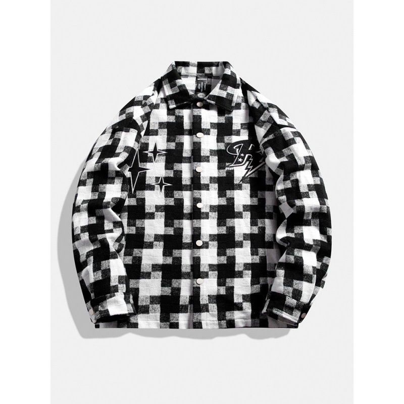 2023 diseño de color de la calle alta americana sensación de cuadrícula chaqueta de manga larga hombre pareja suelta chaqueta de tween 23113