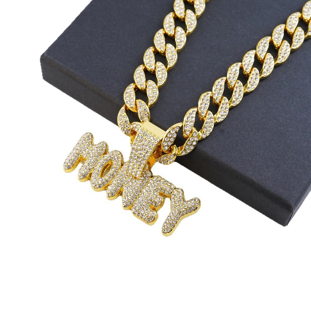 Collar cubano con cadena de diamantes estilo hip-hop callejero de aleación ecológica de nicho para hombre con la letra MONEY y personalidad masculina