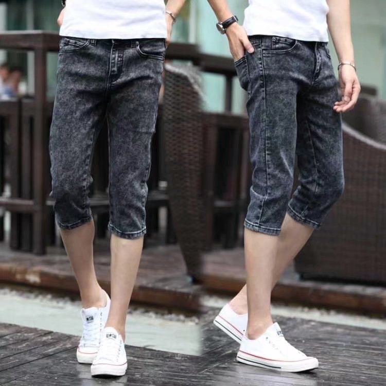 Denim Shorts Men's Cropped Pants 2022 Spring and Summer New High Elastic Thin Straight Pants Wholesale Trendy Brand