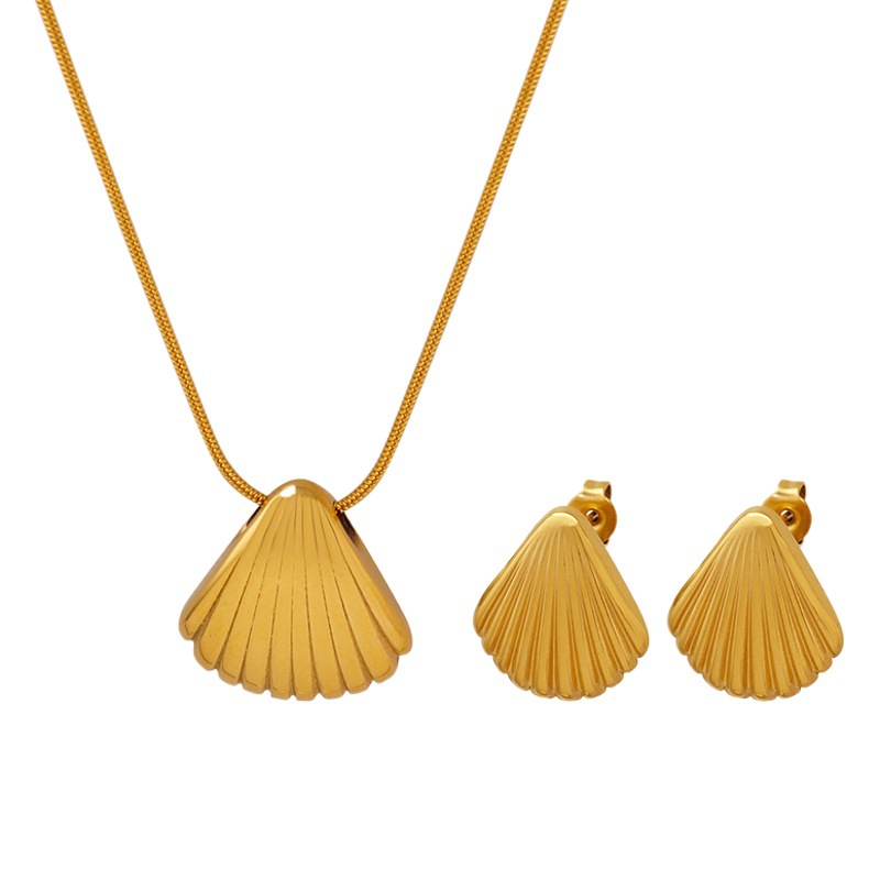 Estilo francés fresco romántico Shell forma rayas colgante collar pendientes populares Titanium acero joyería traje niñas