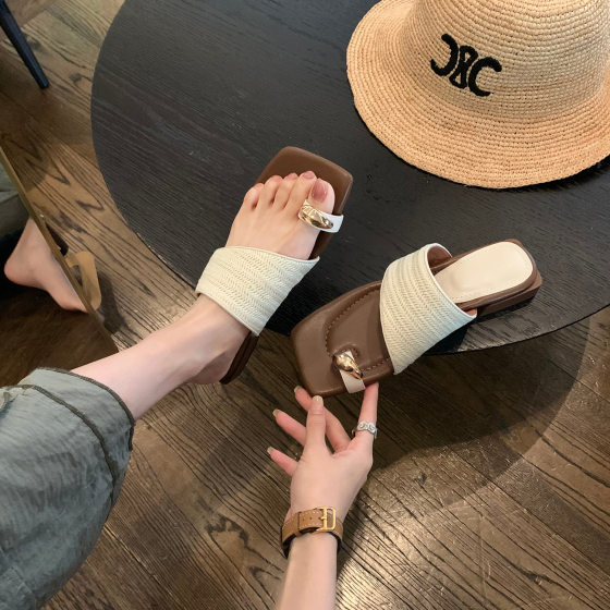 Sheepskin ~ Genuine Leather Shoes Coarse Heel Holiday Style Straw Flip Flops Women's Summer Outer Wear New French Style Sandals