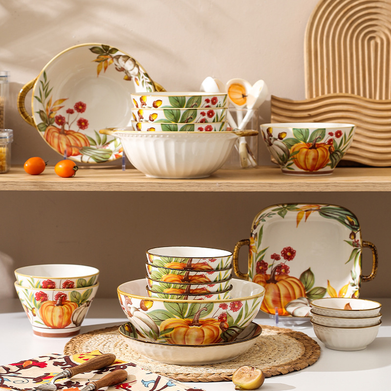 Bowl Nordic Pumpkin Simple Bowl Plate Combination Household European-style Ceramic Tableware High-value Light Luxury Japanese-style Ceramic