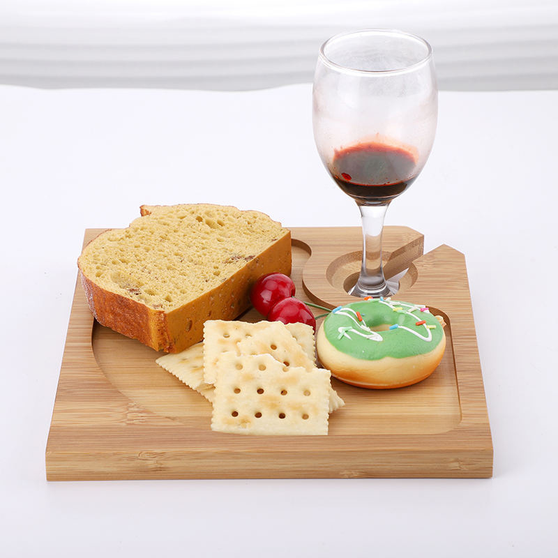 Bamboo Tray Multi-functional Wine Cup Holder Portable Wine and Snack Dinner Plate Appetizer Plate with Wine Cup Holder