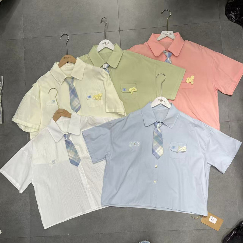 2026 New Summer Style College-Style Short-Sleeved Shirt for Women with Detachable Tie, Fresh Mint Green Loose Top 2026 New Summer Style College-Style Short-Sleeved Shirt for Women with Detachable Tie, Fresh Mint Green Loose Top