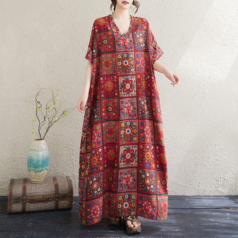 Real Shot of Summer V-Neck Thin Cotton-Linen Plus-Size Loose-Fitting Artistic Vacation-Style Beach Dress, Vintage Long Robe That Covers the Body Real Shot of Summer V-Neck Thin Cotton-Linen Plus-Size Loose-Fitting Artistic Vacation-Style Beach Dress, Vintage Long Robe That Covers the Body