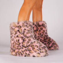 豹纹保暖雪地靴仿狐狸毛貉子毛斑点靴子保暖仿皮草中筒短筒毛绒靴