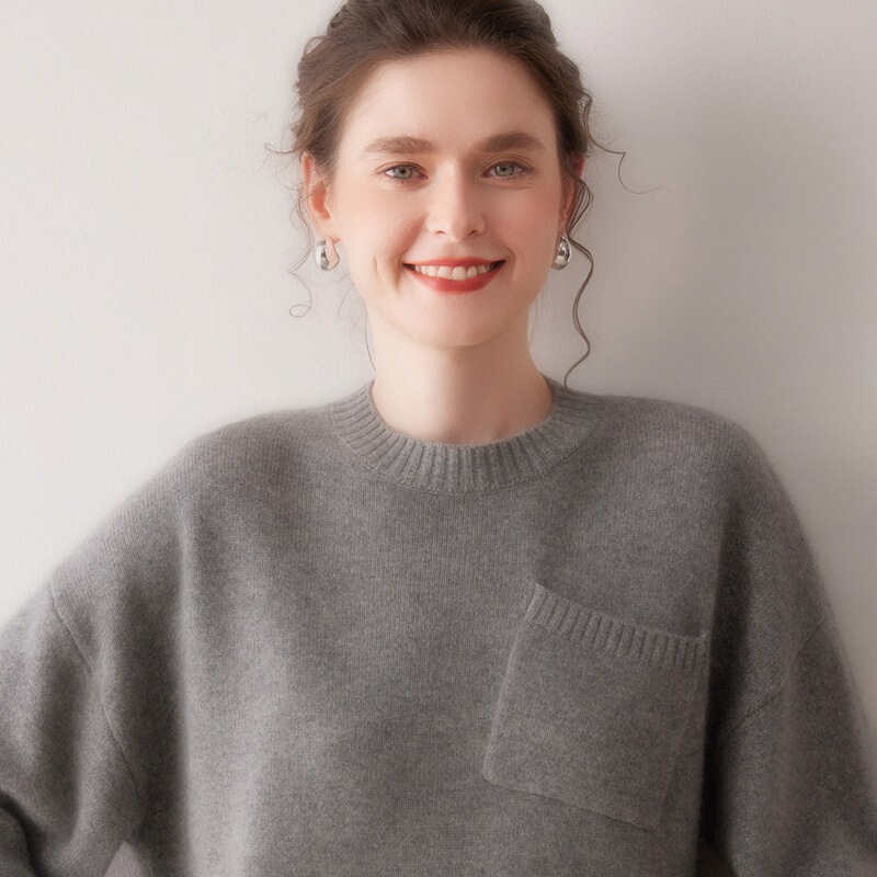 Drop Shoulder Round Neck Knitted Cashmere Autumn and Winter Long Sleeve Pure New Cashmere Sweater for Women, Thick Pullover Base Sweater