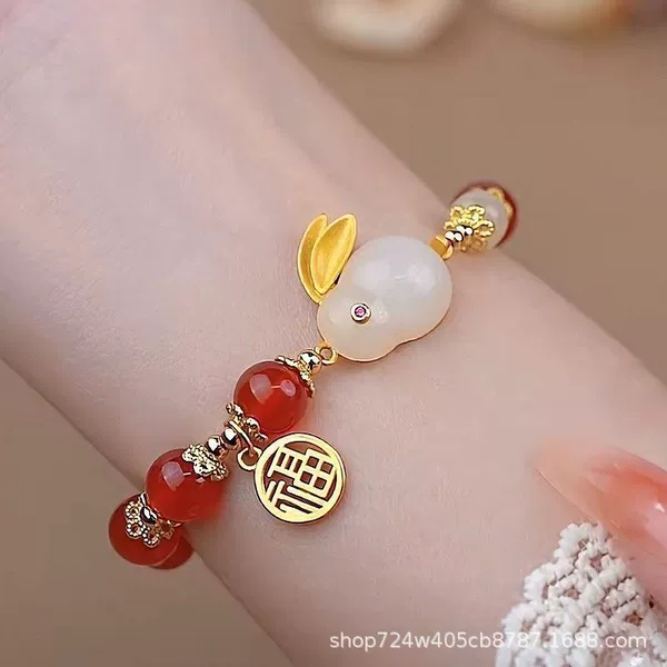 S010-Red Beads Jade Rabbit Bracelet SZ168
