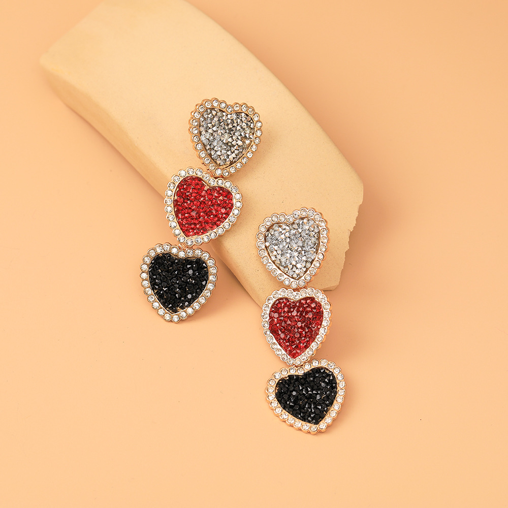 Wholesale Jewelry Full Diamond Hit Color Heart-shaped Tasssl Earrings Nihaojewelry display picture 3