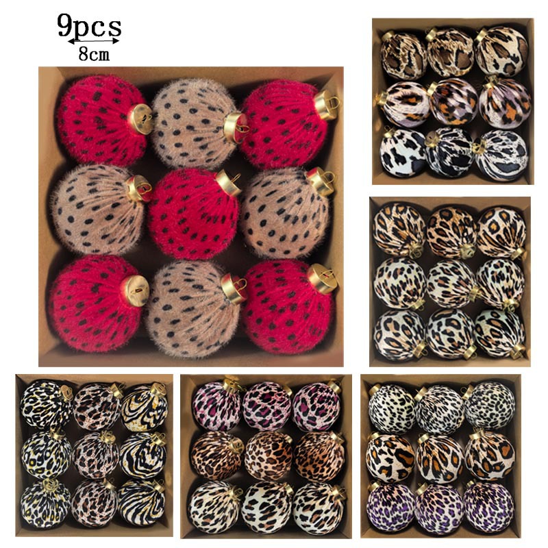Explosión de 8CM tela de tela de plástico de Navidad hecha a mano bola de tela de tela de leopardo árbol de Navidad bola de decoración de Navidad