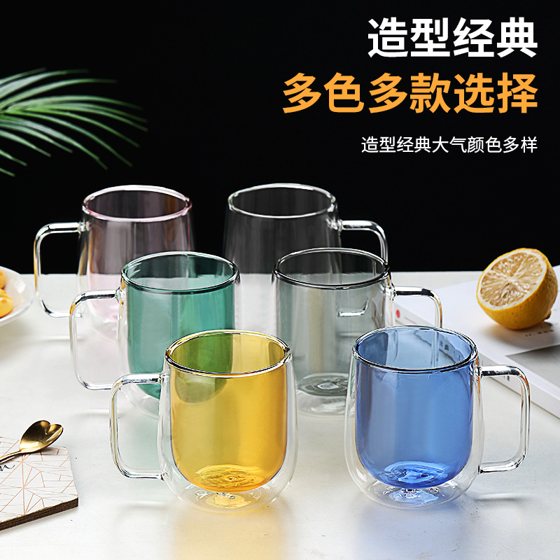 Taza de vidrio transparente de doble capa Taza de vidrio con borosilicato Taza de café transparente de color Taza de leche doméstica al por mayor