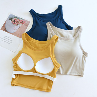 Yoga Fitness Vest Women's Home Clothes One-piece Pajamas Vertical Strip Cotton Chest Pad Short Vest 6 Colors