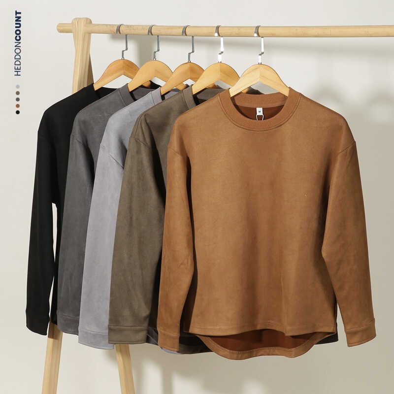 Dengjue Men's Clothing 280g High-End Faux Suede Japanese-Style Shirt Sleeve Pullover Round Neck Long-Sleeve Sweatshirt