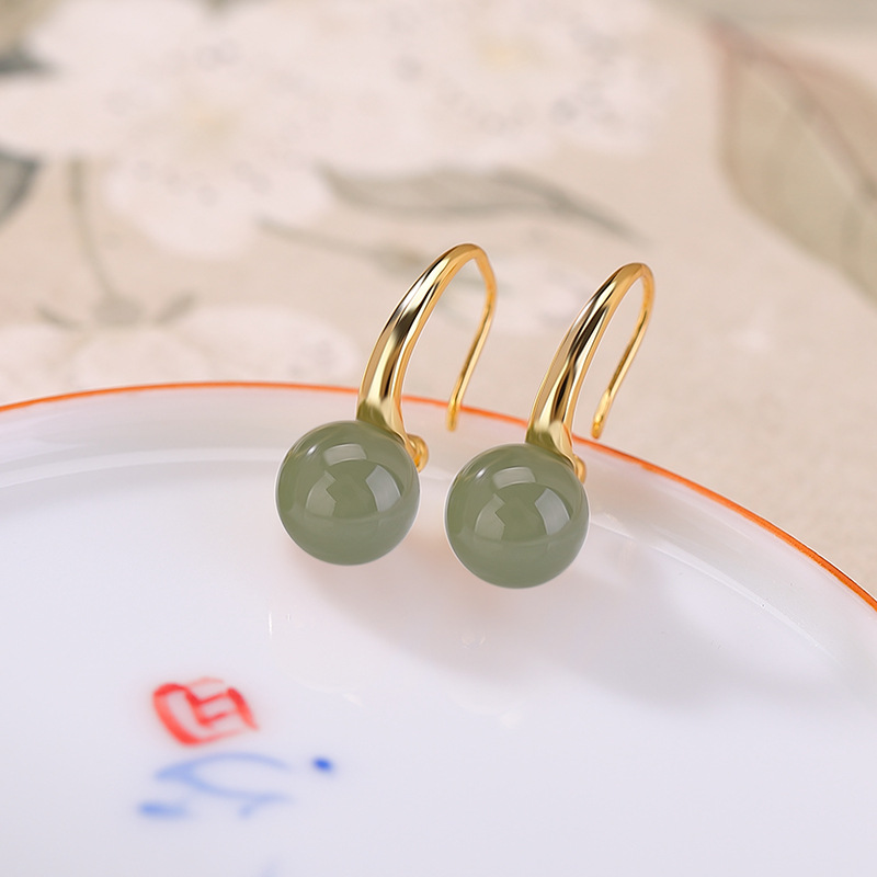 Khuyên tai hoop bạc S925 mạ vàng đính ngọc tự nhiên đơn giản — Mật ong sáp