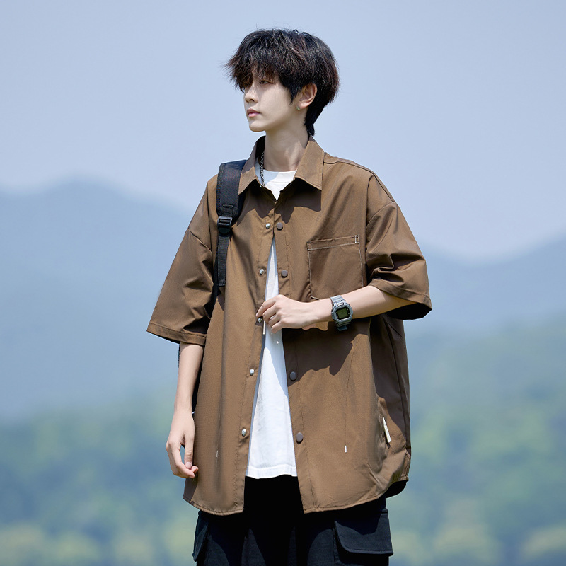 Summer Japanese-Style Cityboy Retro Short-Sleeve Shirt for Men, Loose and Versatile, Casual Couple's Outerwear Half-Sleeve Shirt