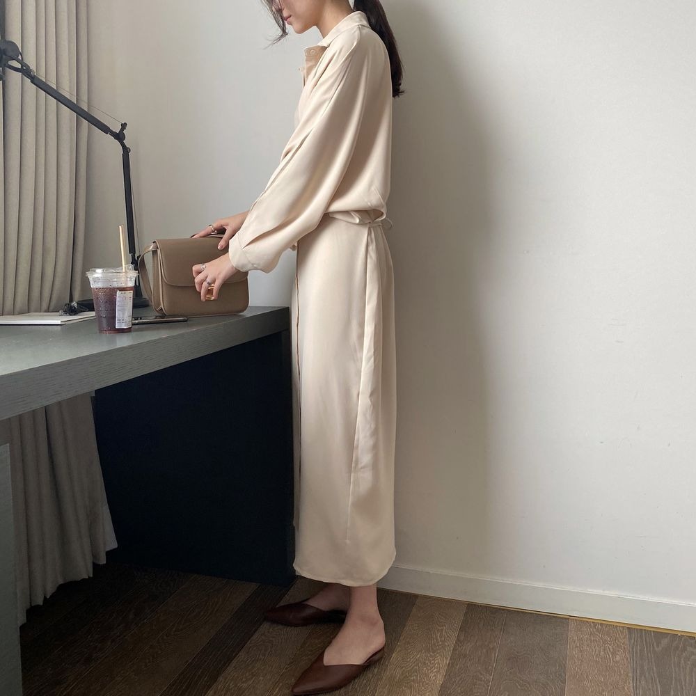 385g Weight Long Sleeve Sleeve Length A- Line Skirt Dresses Type Regular Sleeve Sleeve Type Polyester, Polyester Fabric Type Cardigan, Shirt Collar Neckline Regular Fit Fit Type Solid Color Pattern New Style, Japanese and New Leisure Style Elegant French Waist Cinching Slimming Fairy Tale Style Long Dress Goddess Look Loose Fit One Piece Pure Color Polyester Dress 16