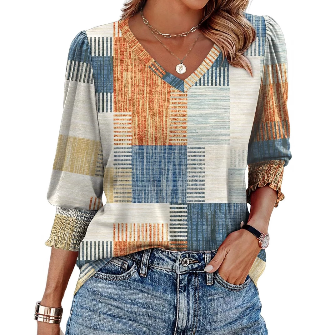 Новая европейская и американская футболка Amazon Temu AliExpress 2025 года, свободного кроя, с V-образным вырезом, три четверти рукава, с принтом.