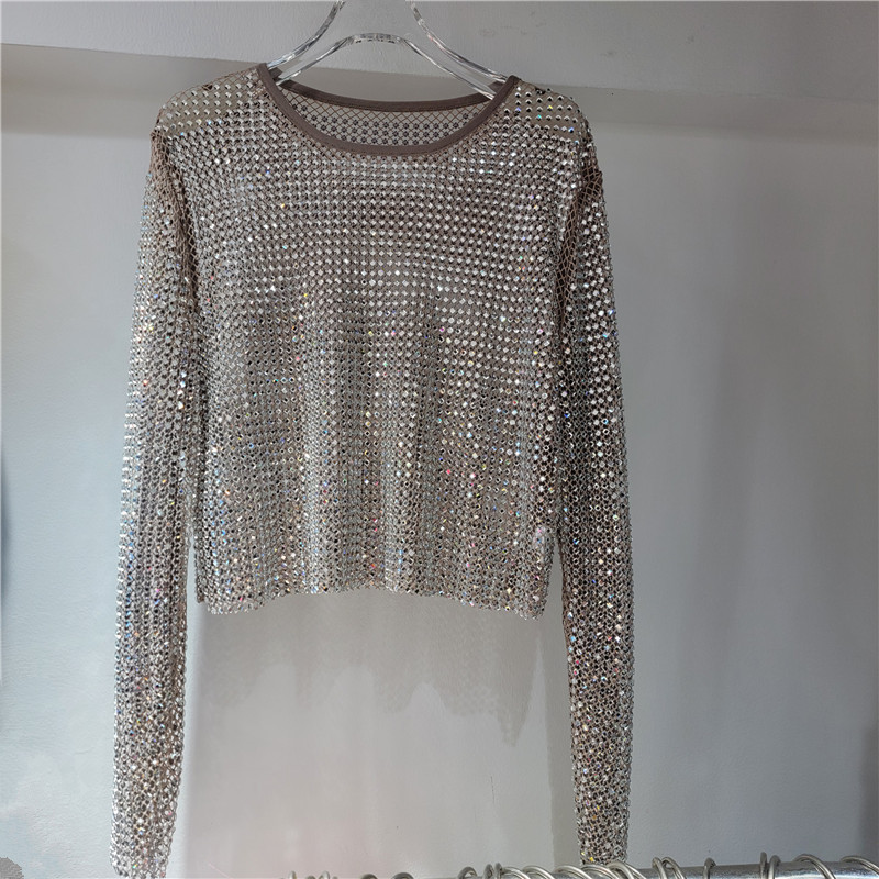 Luz de lujo de alto nivel suave chaqueta de cristal de diamante de malla super celestial dentro de la fiesta bling brillante camiseta de base vaciada
