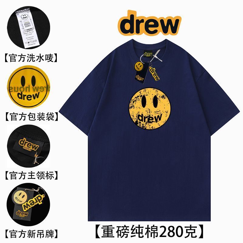 DREW smiley face old American high street round neck FOG short sleeve t-shirt women's heavy cotton half sleeve bottoming shirt men couple DREW smiley face old American high street round neck FOG short sleeve t-shirt women's heavy cotton half sleeve bottoming shirt men couple