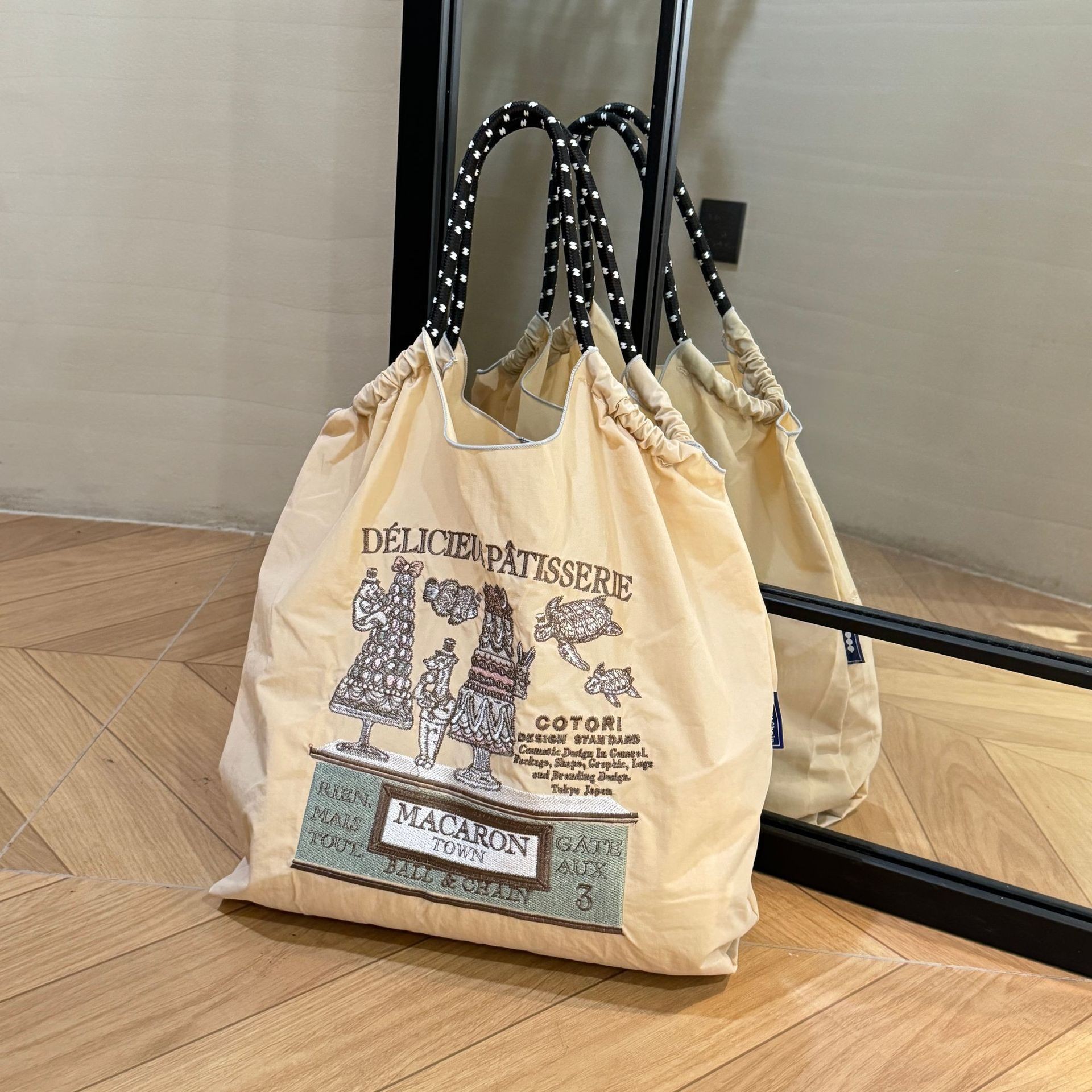 Bolsa de compras ecológica de cadena de bolas casera japonesa, bolsa de lona portátil bordada de tela de nailon, bolsa de compras de nailon