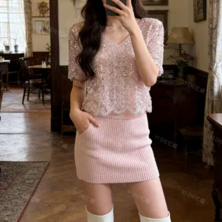 重工钉珠刺绣法式轻奢喇叭袖短袖T恤女装氛围感气质宴会百搭上衣