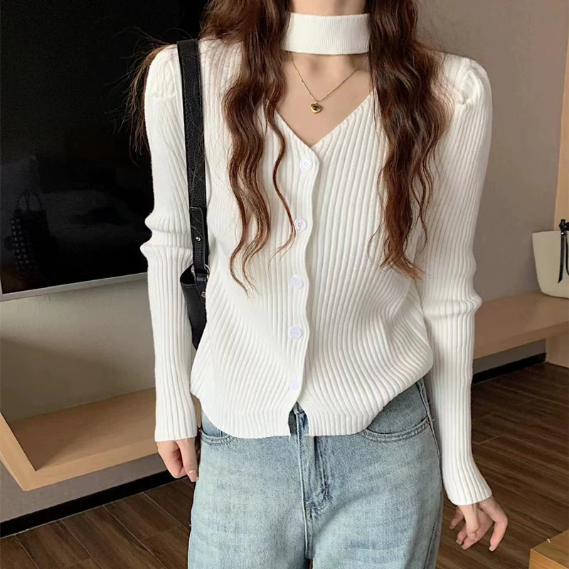 Женский вязаный кардиган с французскими пышными рукавами, осень-зима 2025, новый корейский стиль, с халтером и V-образным вырезом, скромный топ