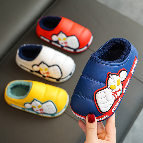 Ultraman winter children's cotton slippers for boys and girls, large, medium and small children's bags, warm and waterproof plus velvet baby cotton shoes