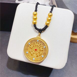 Vietnamese Sand Gold Eight-Treasure Compass Necklace for Men and Women, Ancient Heritage Pendant, Gold-Colored Braided Rope Fortune Card Sweater Chain