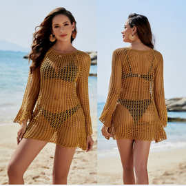 2023新款沙滩罩衫镂空针织长袖比基尼外罩衫度假装跨境亚马逊