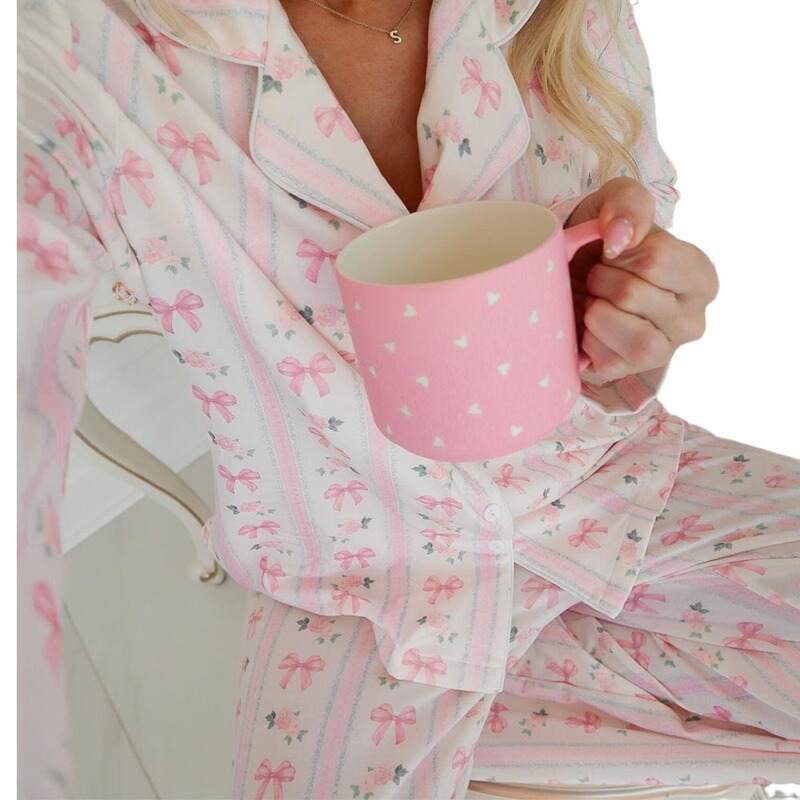 Autumn 2024 New Cross-border Independent Station Fashion Bow Printing suit Long Sleeve Trousers Cardigan Home Clothes suit