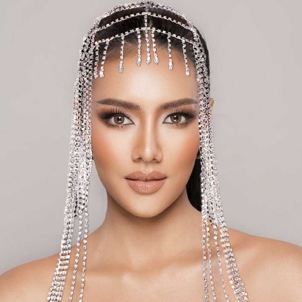Cadena de pelo de diamantes de imitación de moda transfronteriza femenina europea y americana malla exagerada borla tendencia diadema accesorios para el cabello Tocado