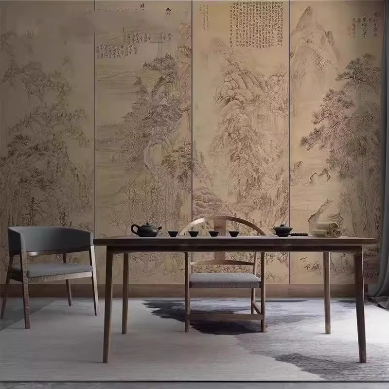 新中式宋氏美学壁画 画竖款壁纸玄关客厅书房样板房茶室采耳壁布