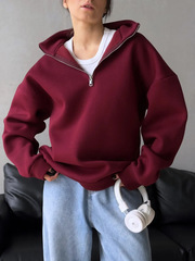 欧美加绒加厚保暖翻领半拉链气质oversize宽松简约纯色卫衣女外套
