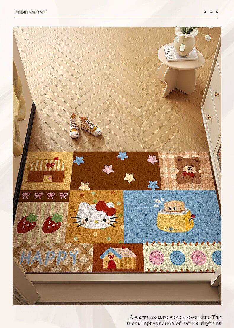 Cute Kitty Cat Silk Loop Entrance Door Mat Dopamine Carpet Entryway Doormat Dirt-Scraping Mat