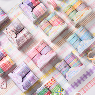 Agugu Plaid Diary Pet and Paper Tape Ins Plaid DIY Material Hand Account Sticker Hand Account Tape Set