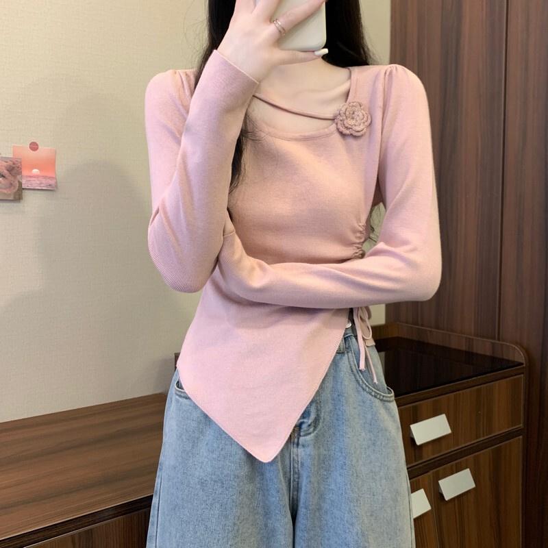 韩系立体花朵长袖针织衫女早秋穿搭2025新款下摆开叉抽绳收腰上衣|undefined