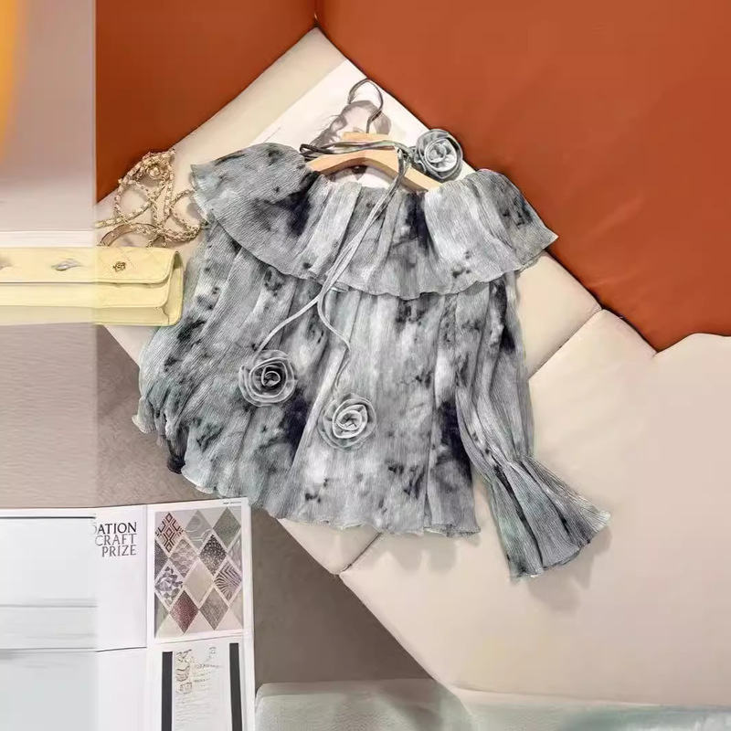 Ink Painting Shirt Women's Spring and Autumn Wear Ruffled Retro Trumpet Sleeve French Shoulder Shoulder Top