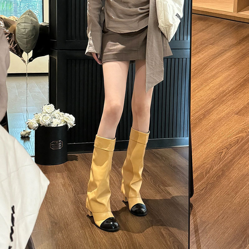 羊皮版~山茶花真皮粗跟骑士靴长靴女小香风高跟裤管长筒靴高筒靴|undefined