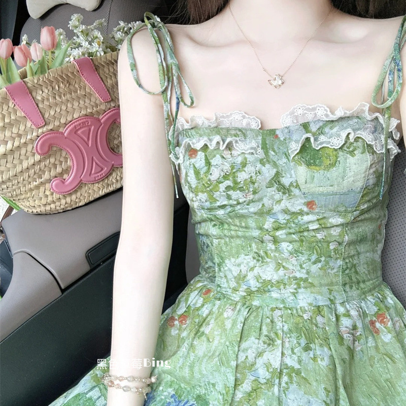 法式复古温柔风蕾丝花边油画碎花吊带连衣裙2025夏季收腰气质长裙|undefined