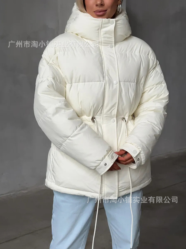韩版显百搭收腰女中冬季高级感连帽抽绳2025新款外套简约加厚外套|undefined