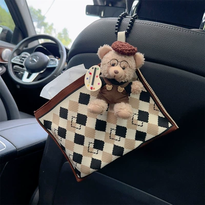 cute cartoon hanging paper box – Car tissue box/set - painter-bear-brown-plaid-paper-bag
