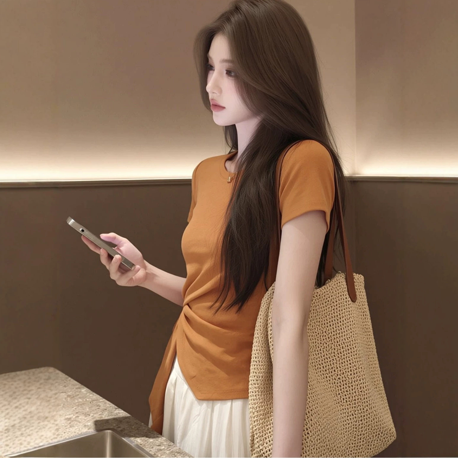 Áo thun nữ cổ tròn tay ngắn phối dây buộc eo không đối xứng — màu sắc chi tiết 2