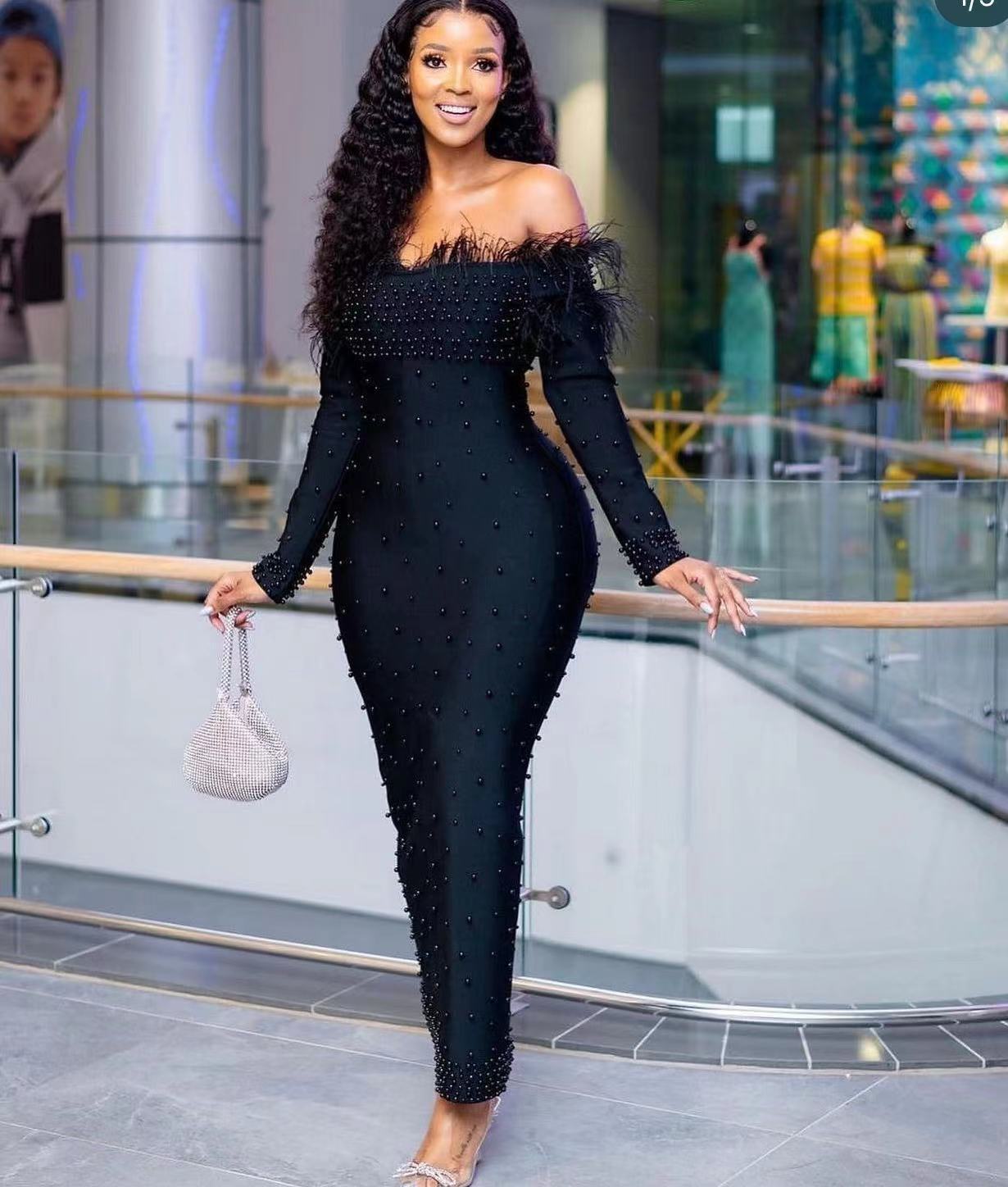 Vêtements pour femmes robe bandage pour femmes une épaule plumes perles mode jupe longue mince_voghion.com