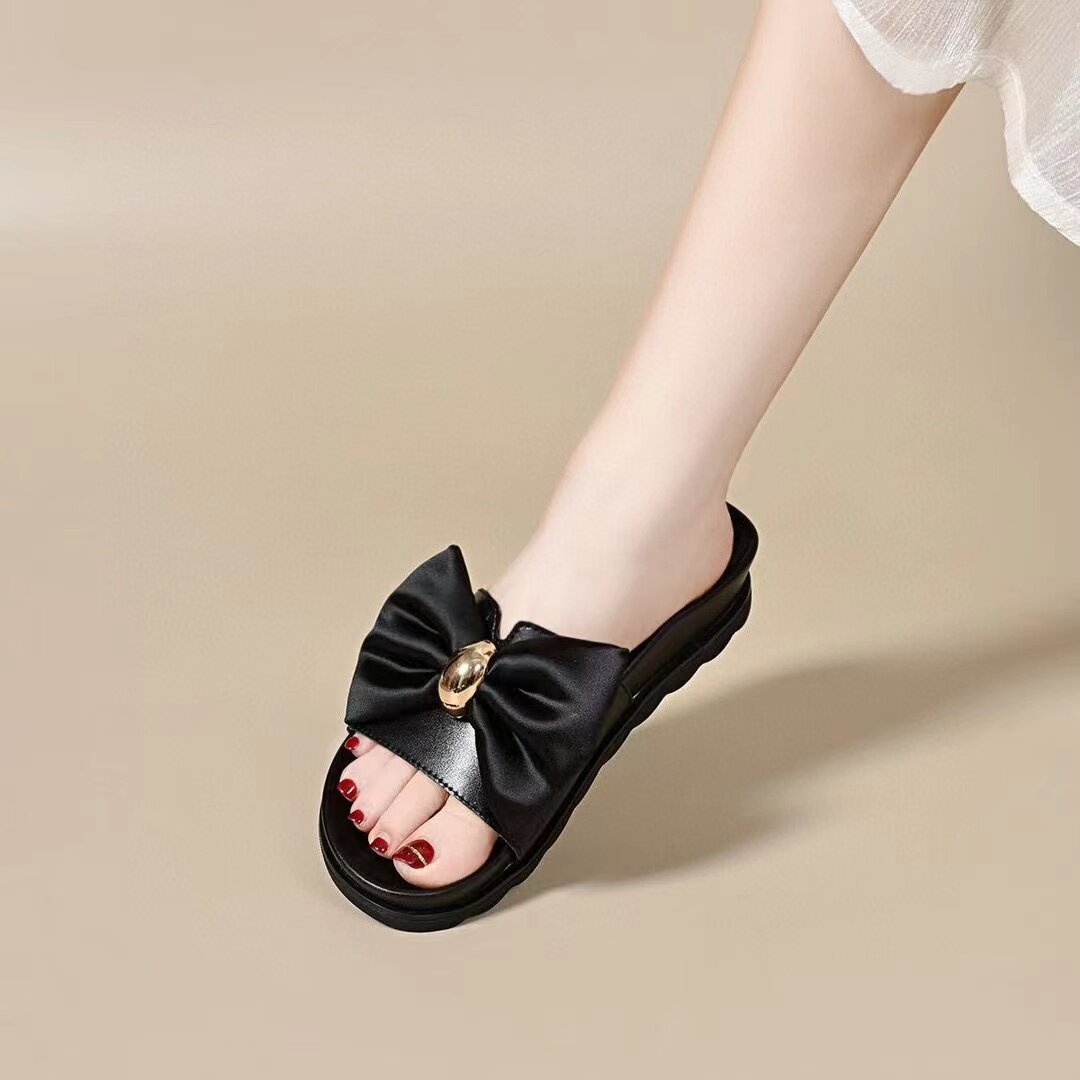 Dép sandal nữ đế dày nơ bướm quai chữ V hở mũi — màu đen