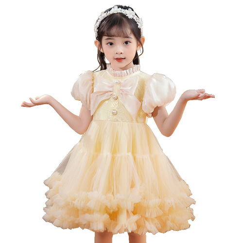 Girls dress skirt puff sleeve short princess dress mesh flower girl dress piano performance small host dress