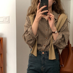 レトロチェック柄シャツ女性工場秋の新作韓国版ブラウンルーズ長袖ボトムス多用途女性用シャツ