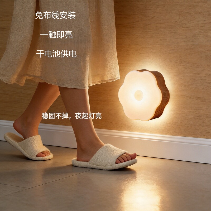 Cross-Border New Model Led Smart Night Light, Battery-Powered, Touch-Activated Night Light, Wood Grain Home Decor