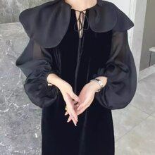 拼接欧根纱不规则花瓣领宽松连衣裙女2025秋季新款韩版显瘦裙子女