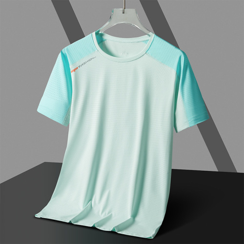  Summer New Colorblock Couple's Short Sleeve T-shirts Ice Silk Cool Breathable Butterfly Mesh Plus Size Quick-Dry Top